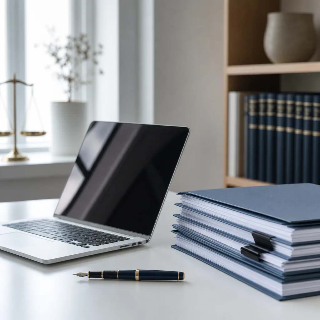 Laptop med juridiske dokumenter på kontor