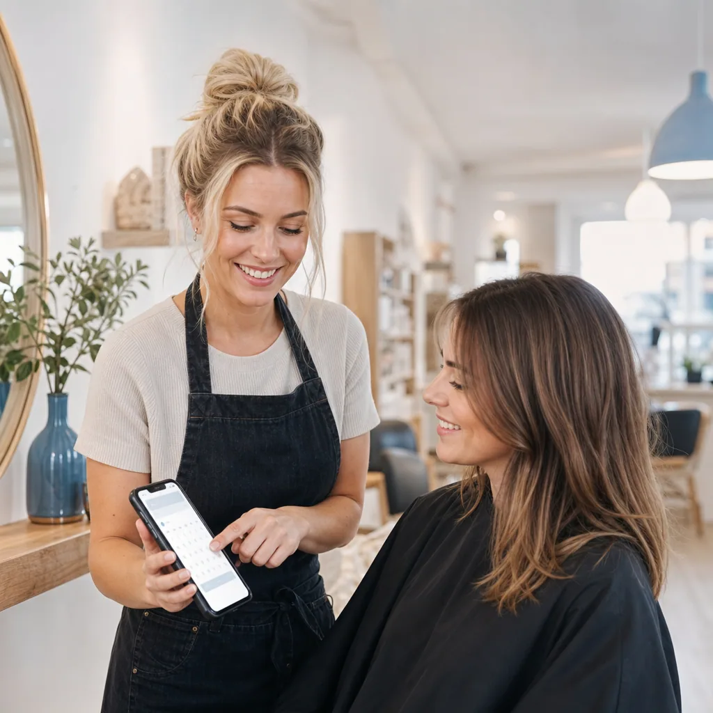 Salonmedarbejder der viser booking på mobil for kunden
