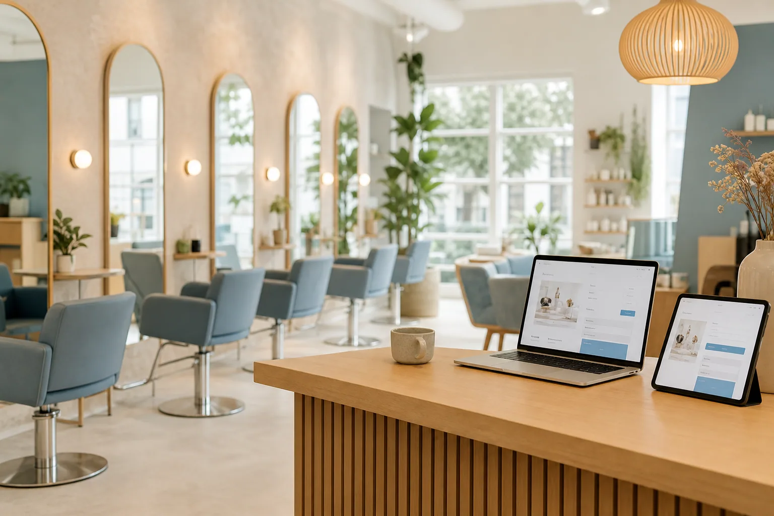 Moderne frisørsalon med tydelig pris og booking på skærm