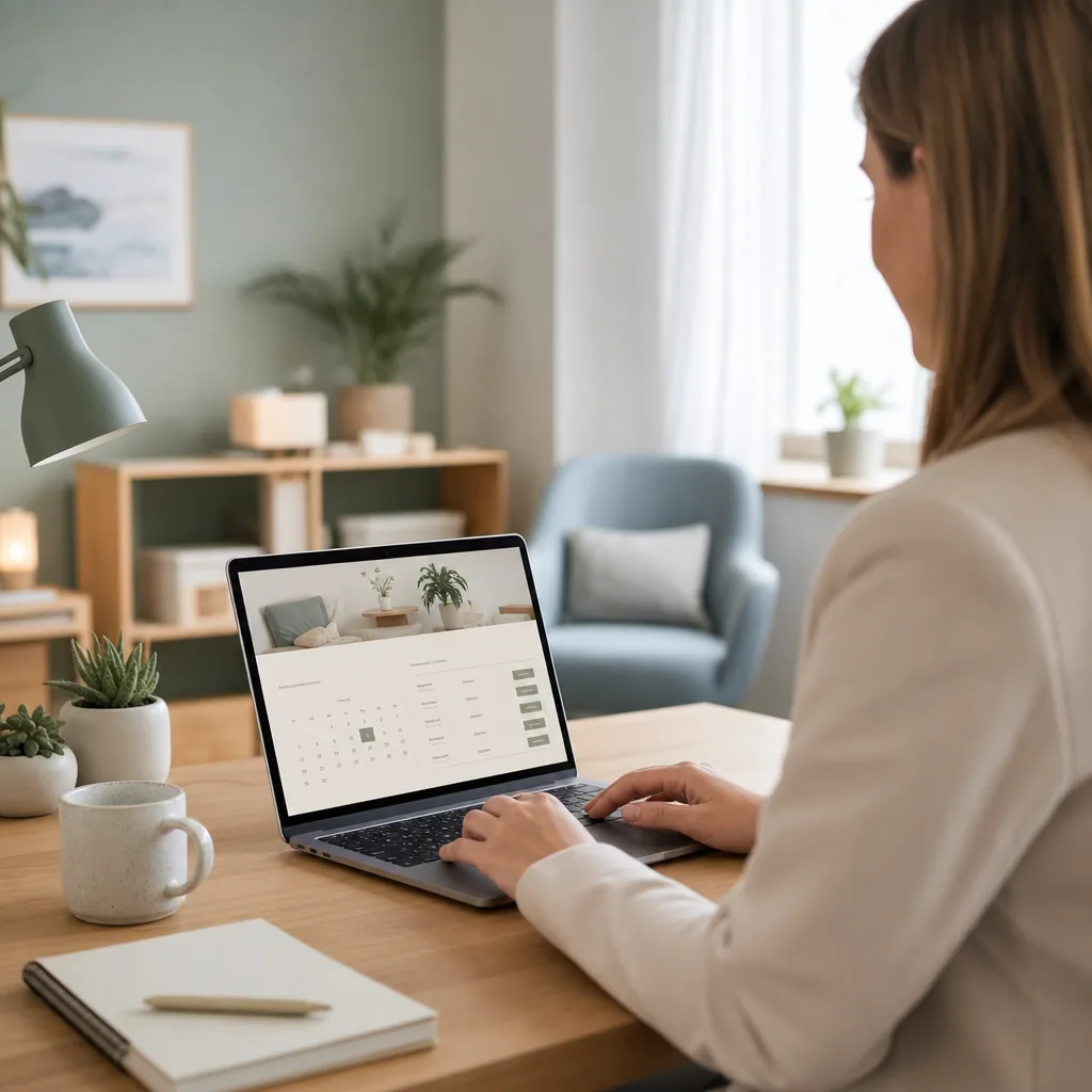 Terapeut der arbejder på laptop med kalender og rolig hjemmeside struktur