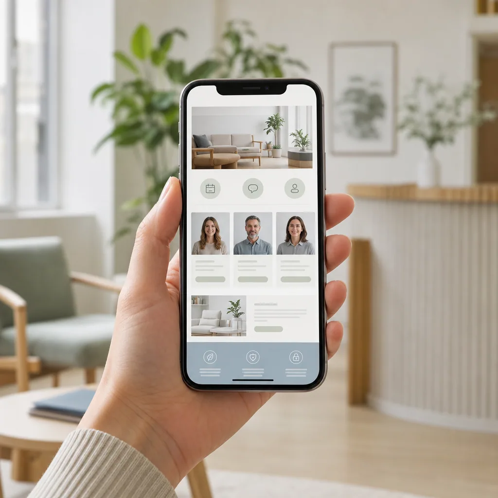 Rolig klinik forside på mobil med tydelig booking og kontakt