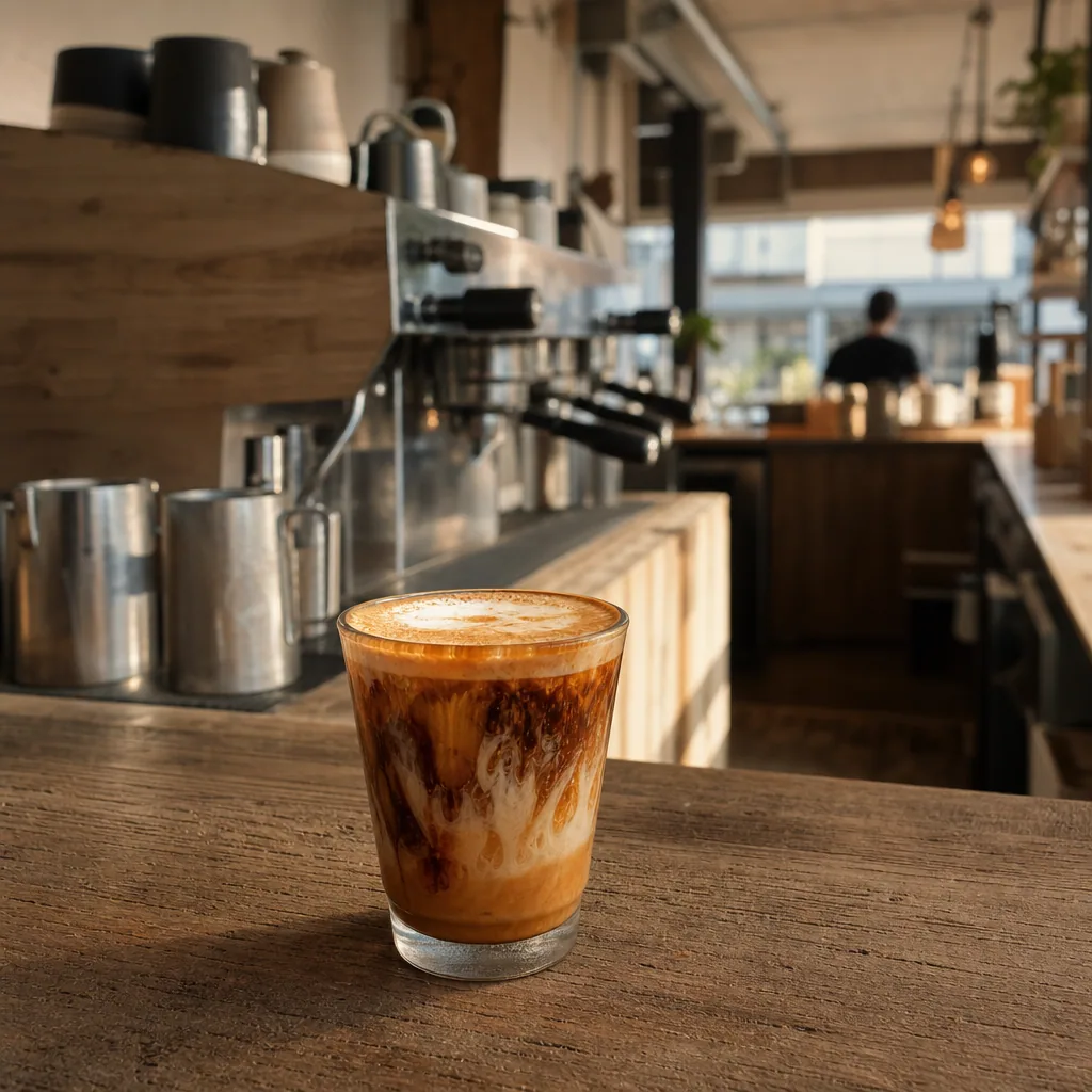 Specialdrikke som Iced Latte Salted Caramel på bord ved vindue