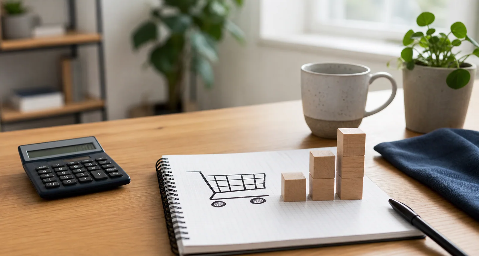 Arbejdsbordet viser webshop planlægning med indkøbsvogn tegning, lommeregner og vækstdiagram.