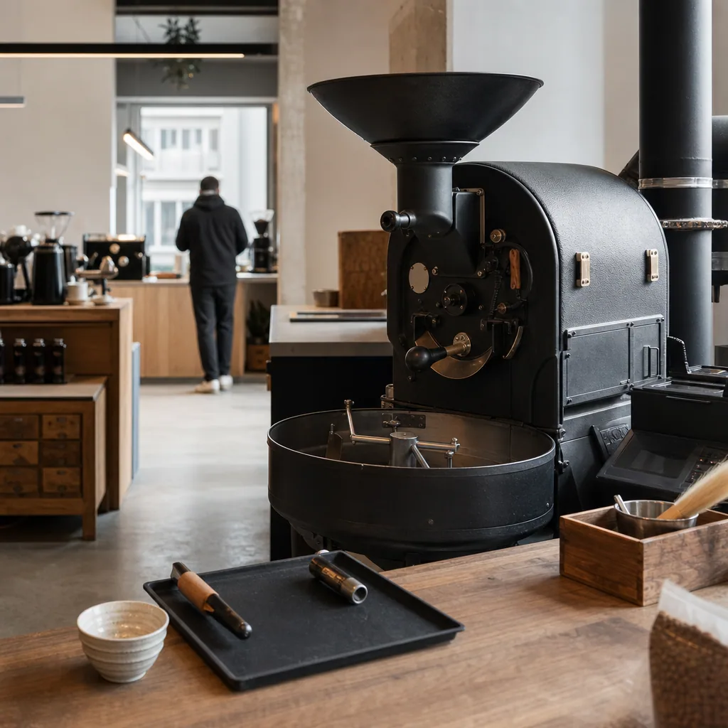 Indvendig på Nordic Roasting Co med bardisk og ristningsudstyr