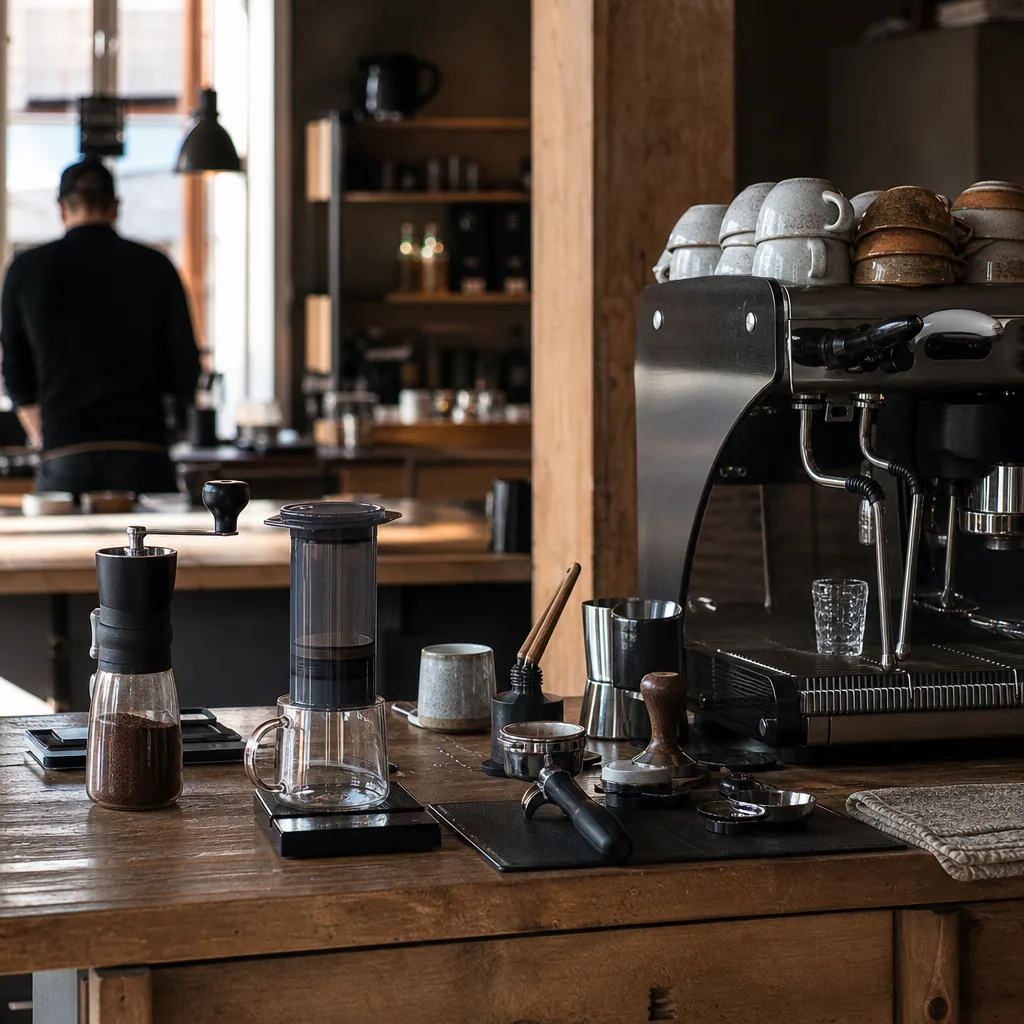 Udstyrsbutik med espresso-maskiner og kværne