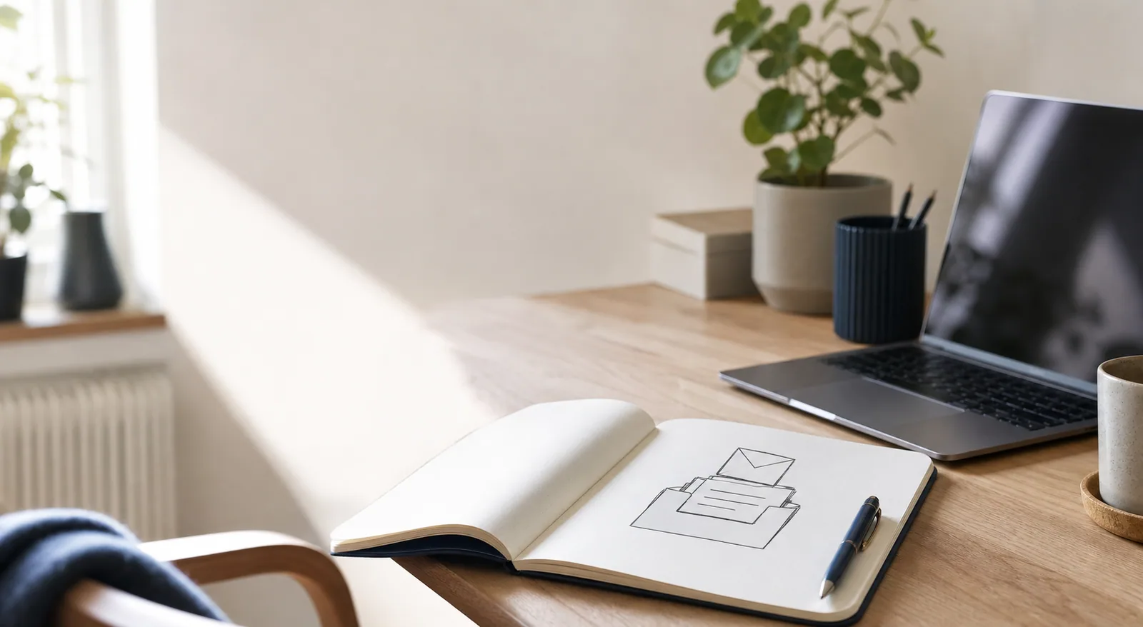 Moderne kontor med laptop viser professionel emailsystem gennem tegninger af brevikoner på notesbog.