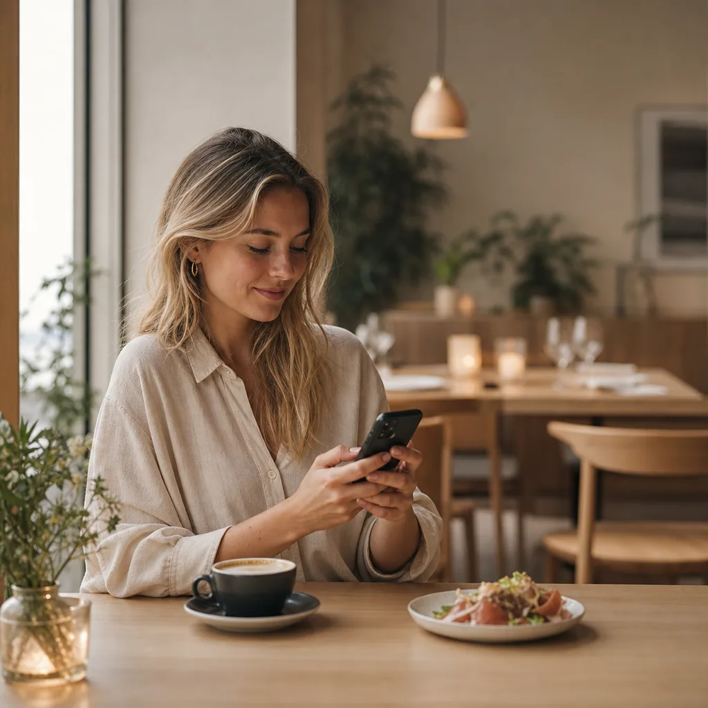 En kvinde bruger sin mobiltelefon mens hun drikker kaffe på en hyggelig café med moderne interiør.