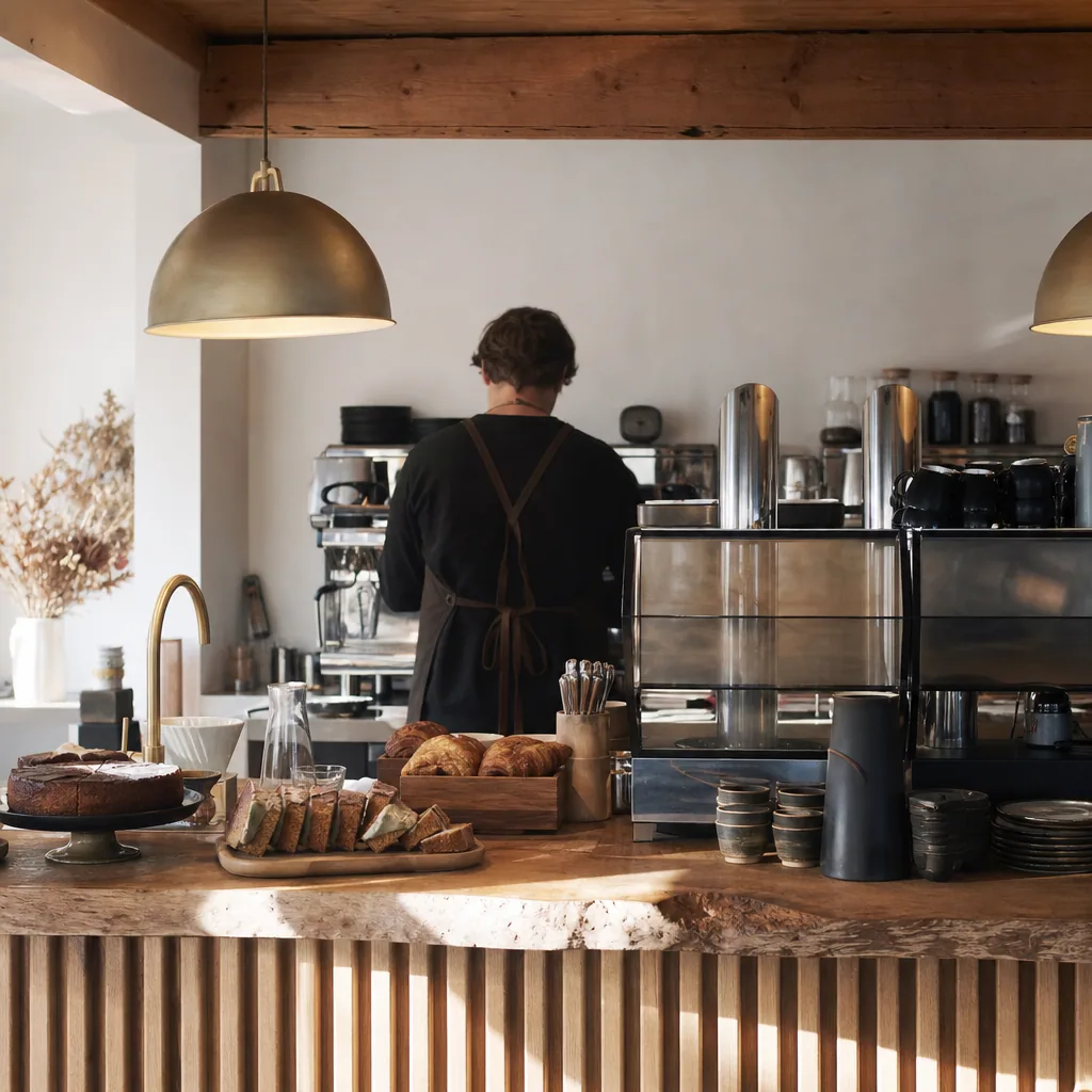 Interiør af Kaffesmeden med træ, lyst og hængende lamper