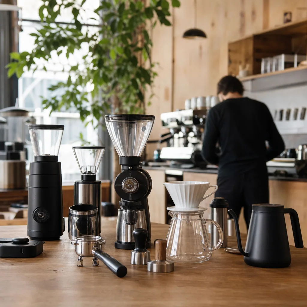 Shelf-vægge med kaffe-udstyrs-display på Kaffeexpressen