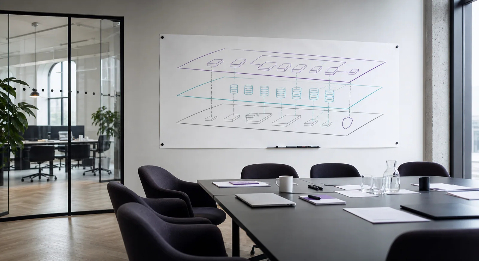Et moderne kontorlokale med whiteboard diagram der viser distribueret teknologi og data-infrastruktur.