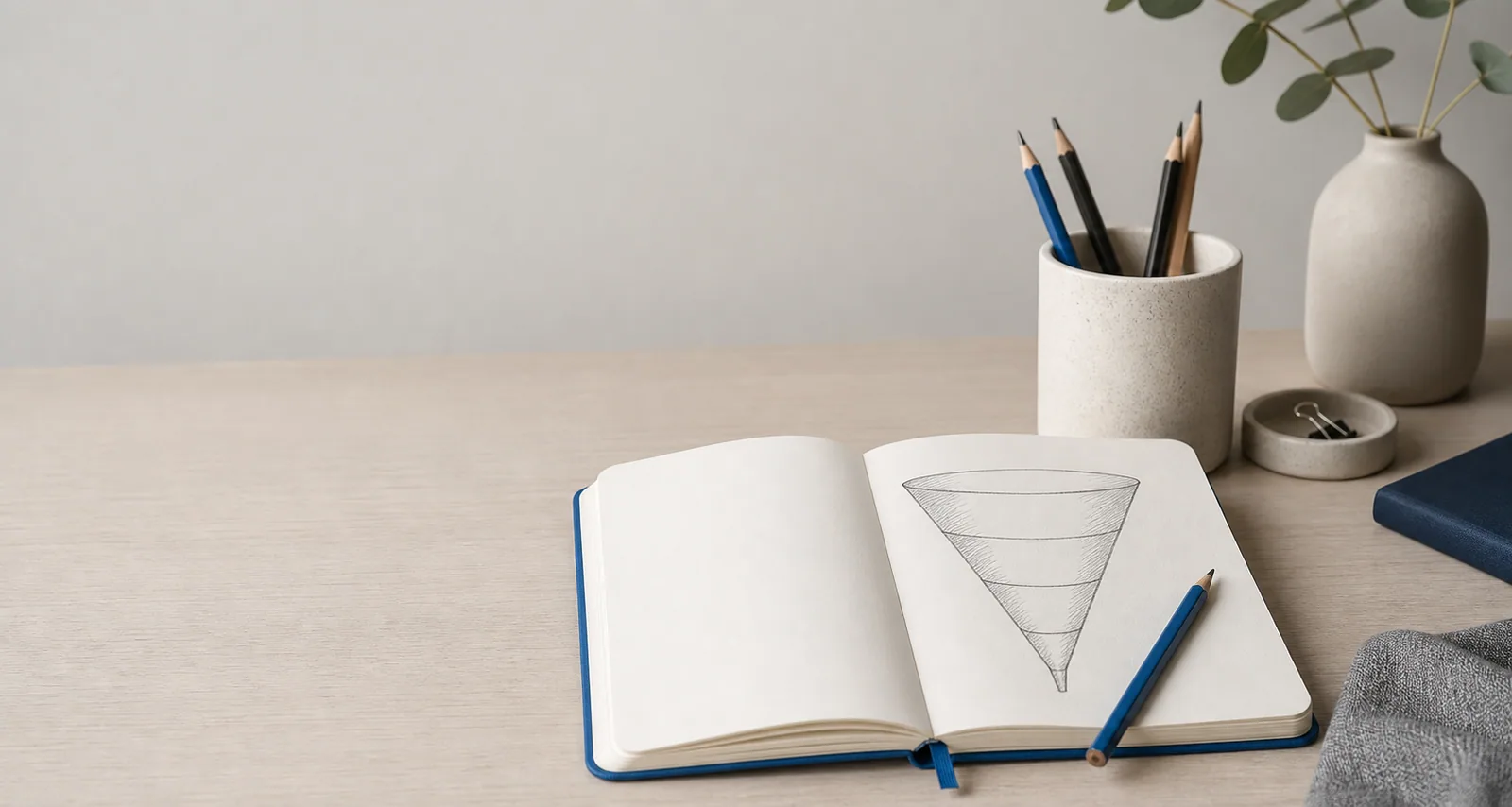 Åben notesbog med tegning af konverteringstunnel på minimalistisk skrivebord med blyanter, keramik og grønne planter.