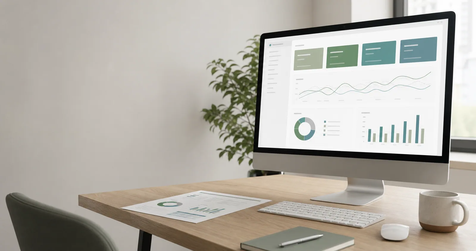 Monitor viser et analytics dashboard med grafer, diagrammer og data på et kontor skrivebord.
