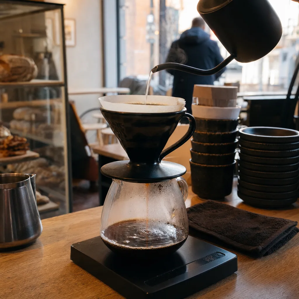 Barista hælder håndbrygget kaffe