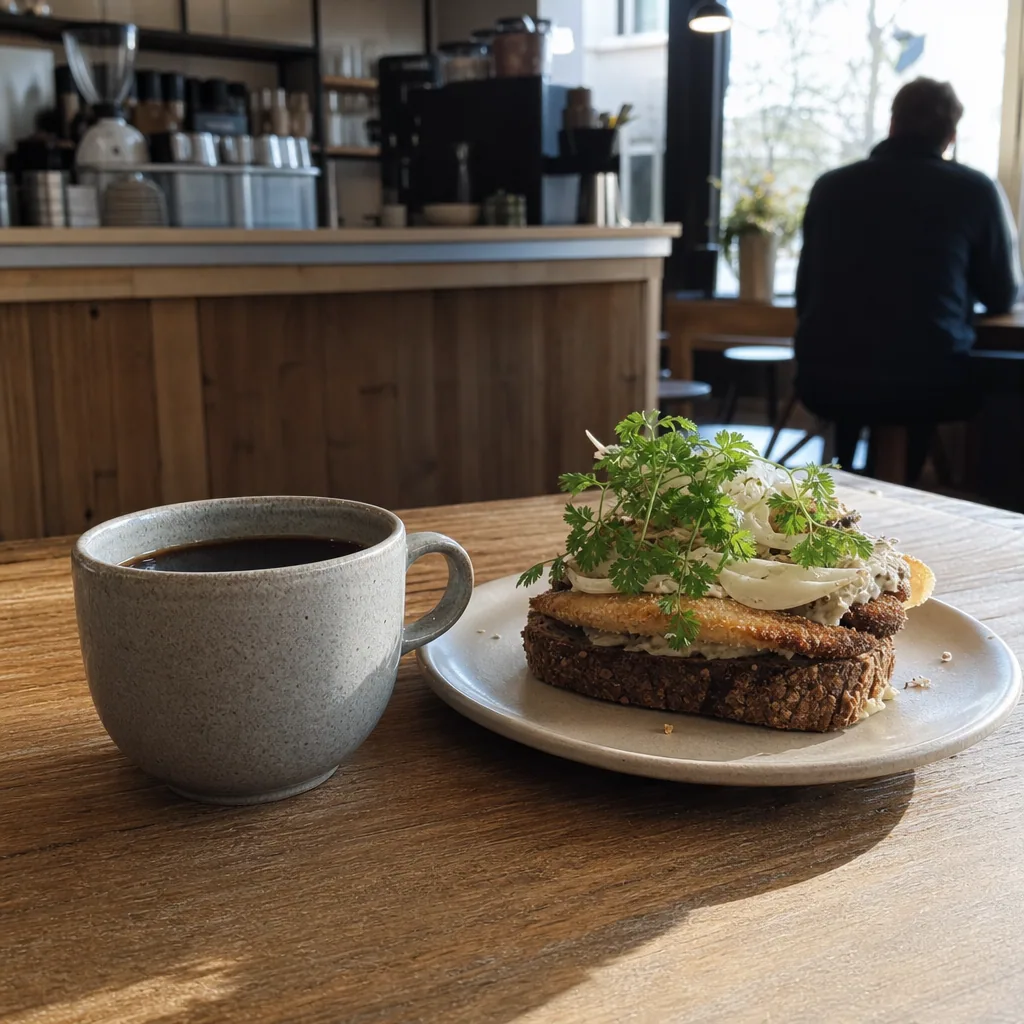 Kaffebaren indre - varme lys og hyggelig indretning