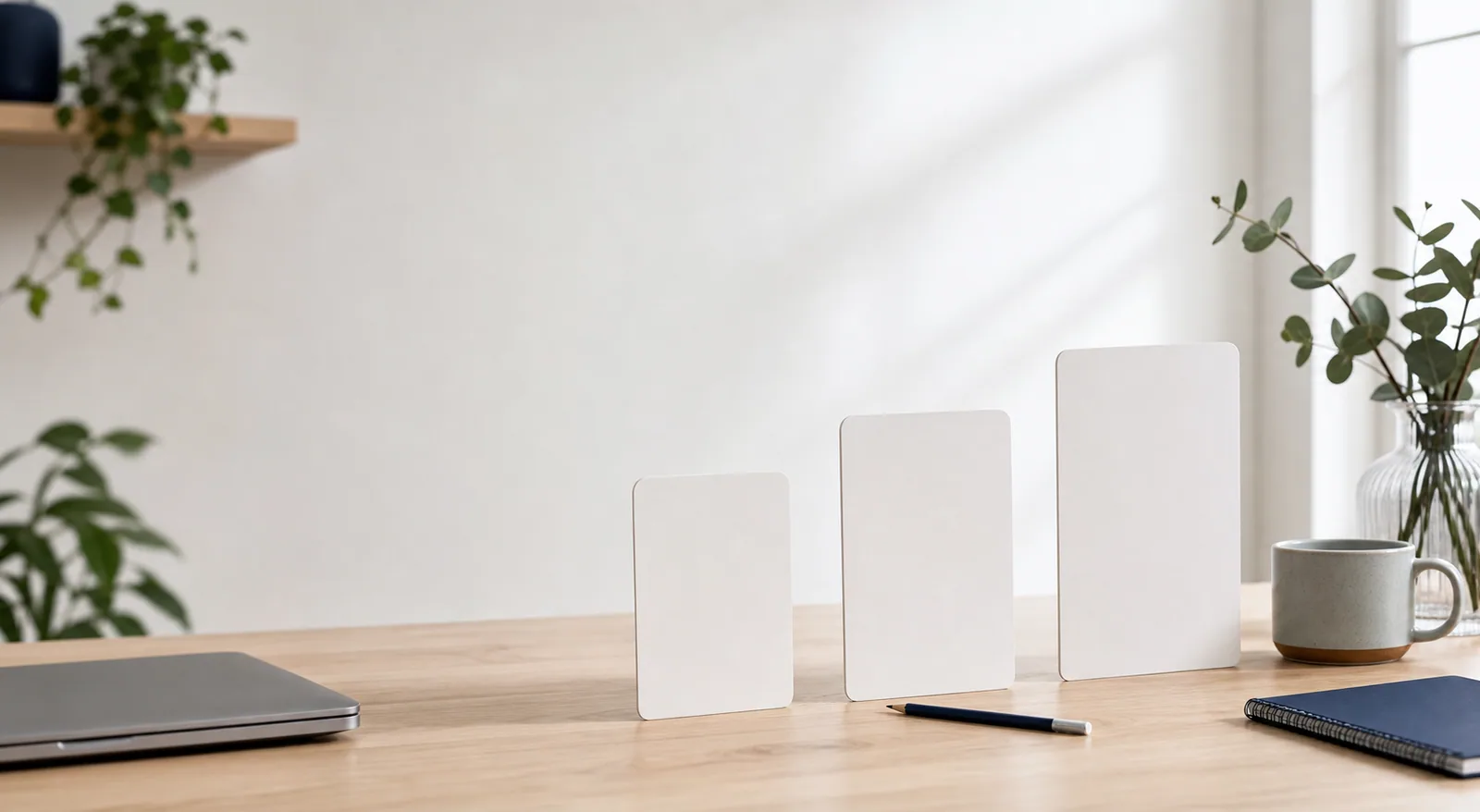 Et minimalistisk kontorskrivebord med hvide kort og grønne planter i naturligt lys.