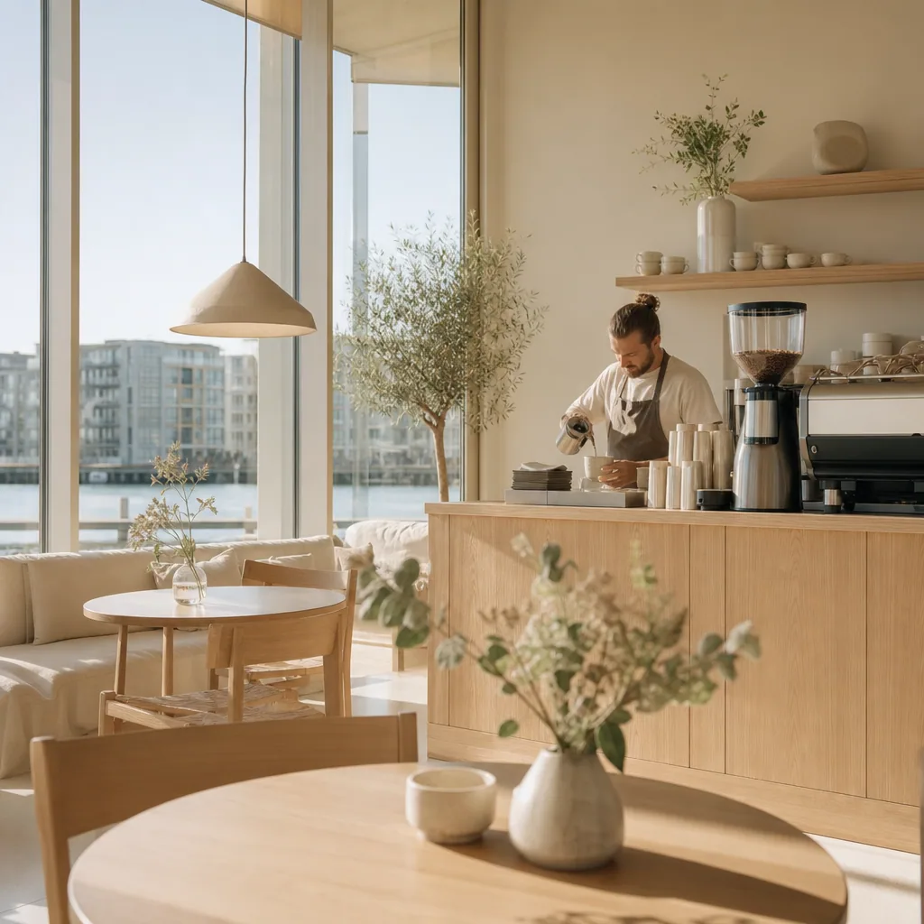 En barista arbejder bag baren i en lysende kaffebar med stort vindue og udsigt til vandet.