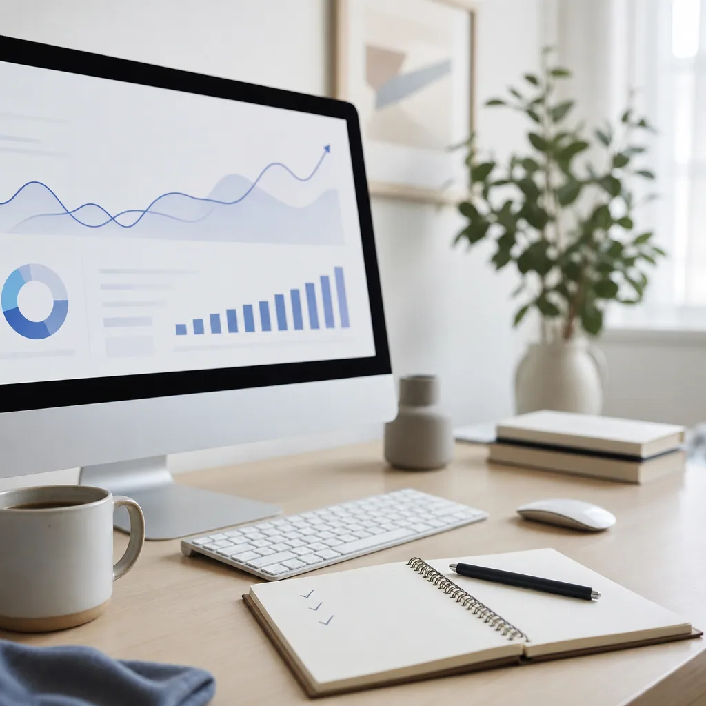 Computerskærm viser analysedashboard med data grafer og diagram på et kontorudstyr