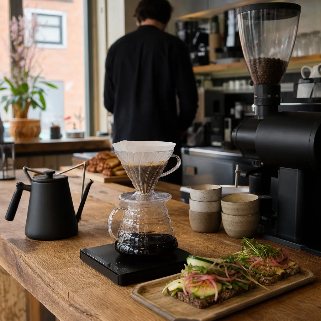 Espresso-maskine og barista ved arbejde på Kaffebaren