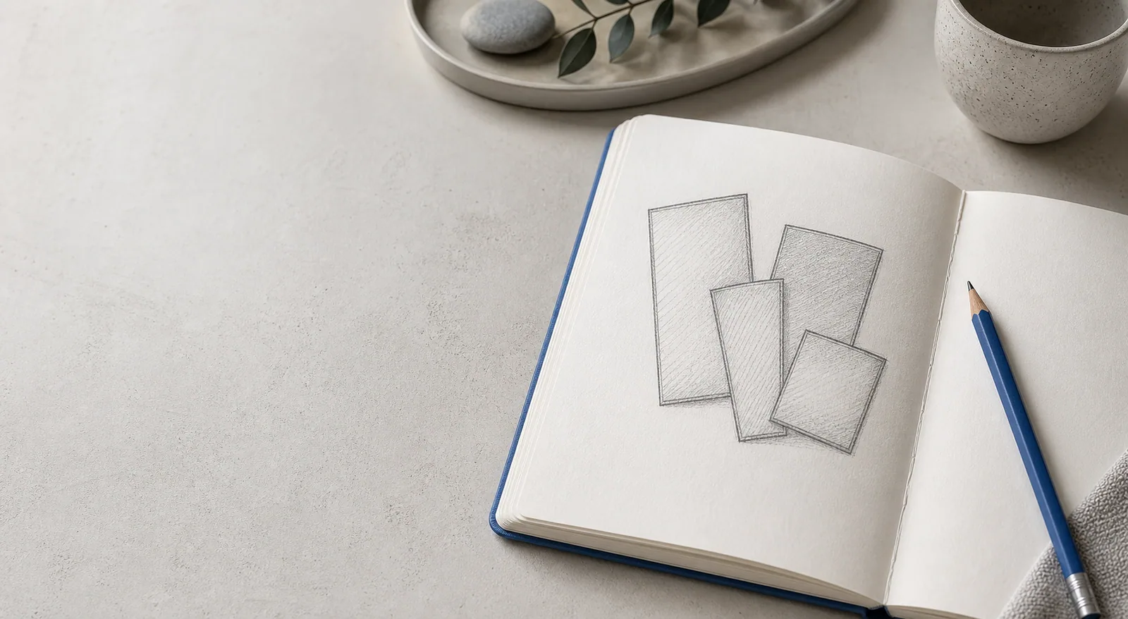 Et åbent notebook viser håndtegnede rektangler ved siden af en blå blyant på et betonbord med keramik dekoration.