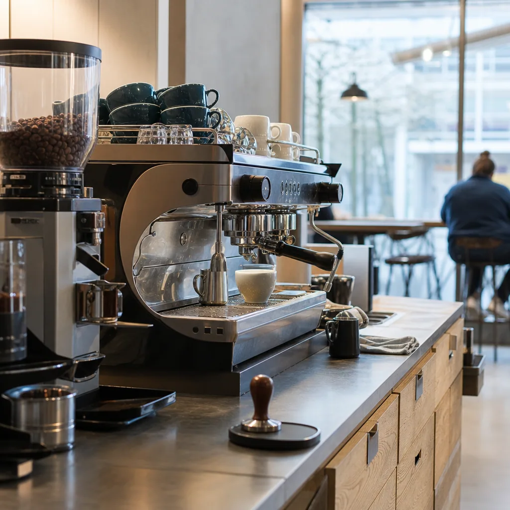 Espresso-maskine og uddannet barista tilbereder specialty-kaffe med fokus på teknik
