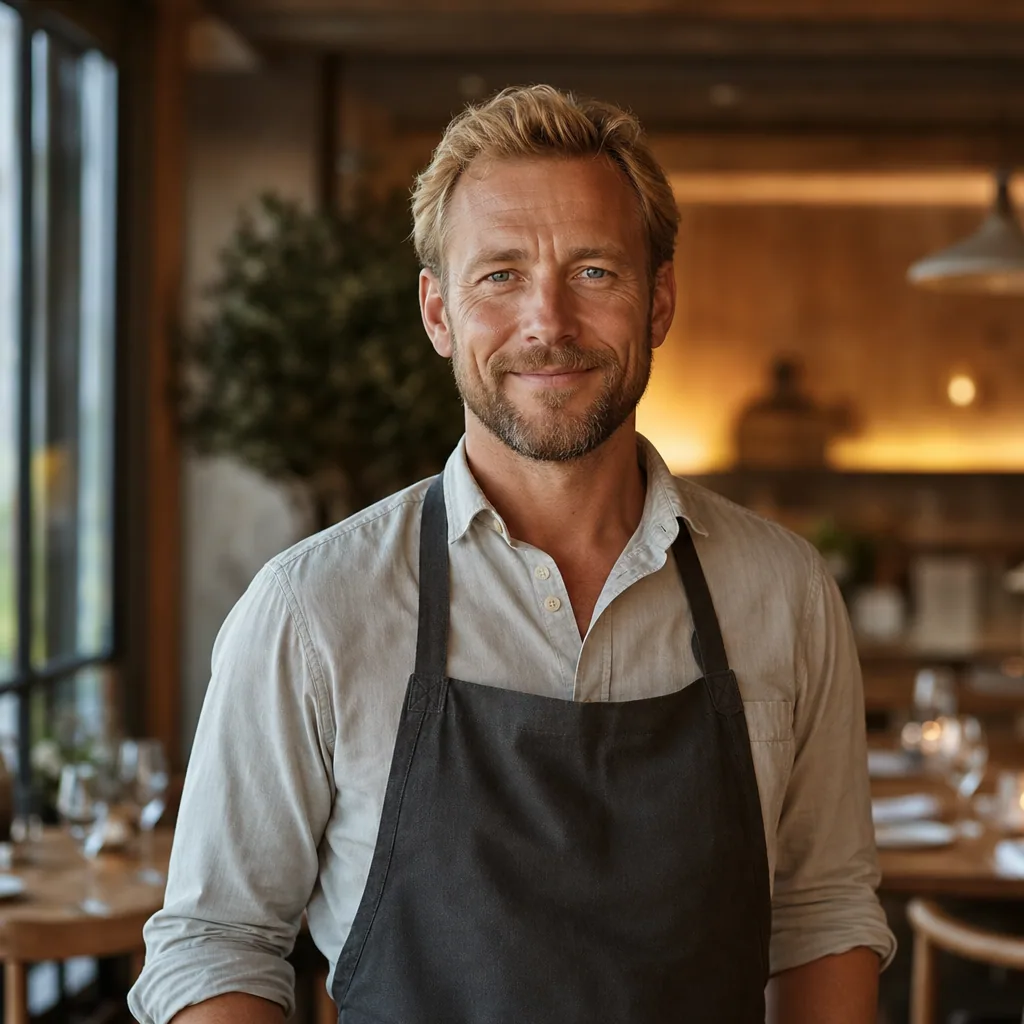 En mand i sort forklæde smiler foran elegante restauratborde