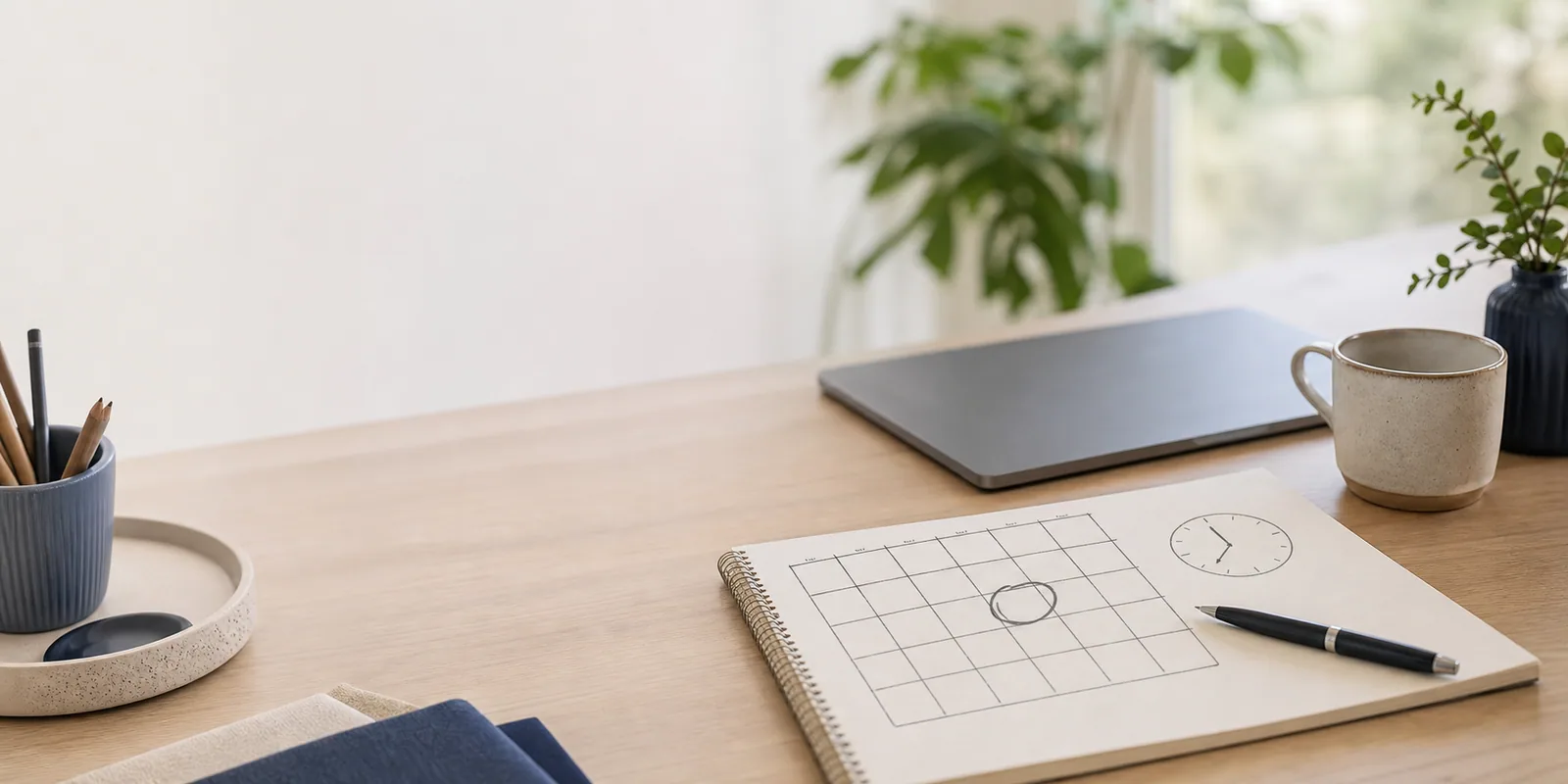 Arbejdsstation med kalender, laptop og kaffekop på træbord