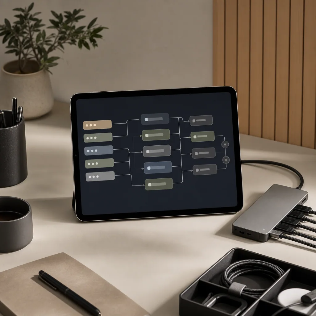 Stiliseret flow-kort over triggers, nodes og integrationer