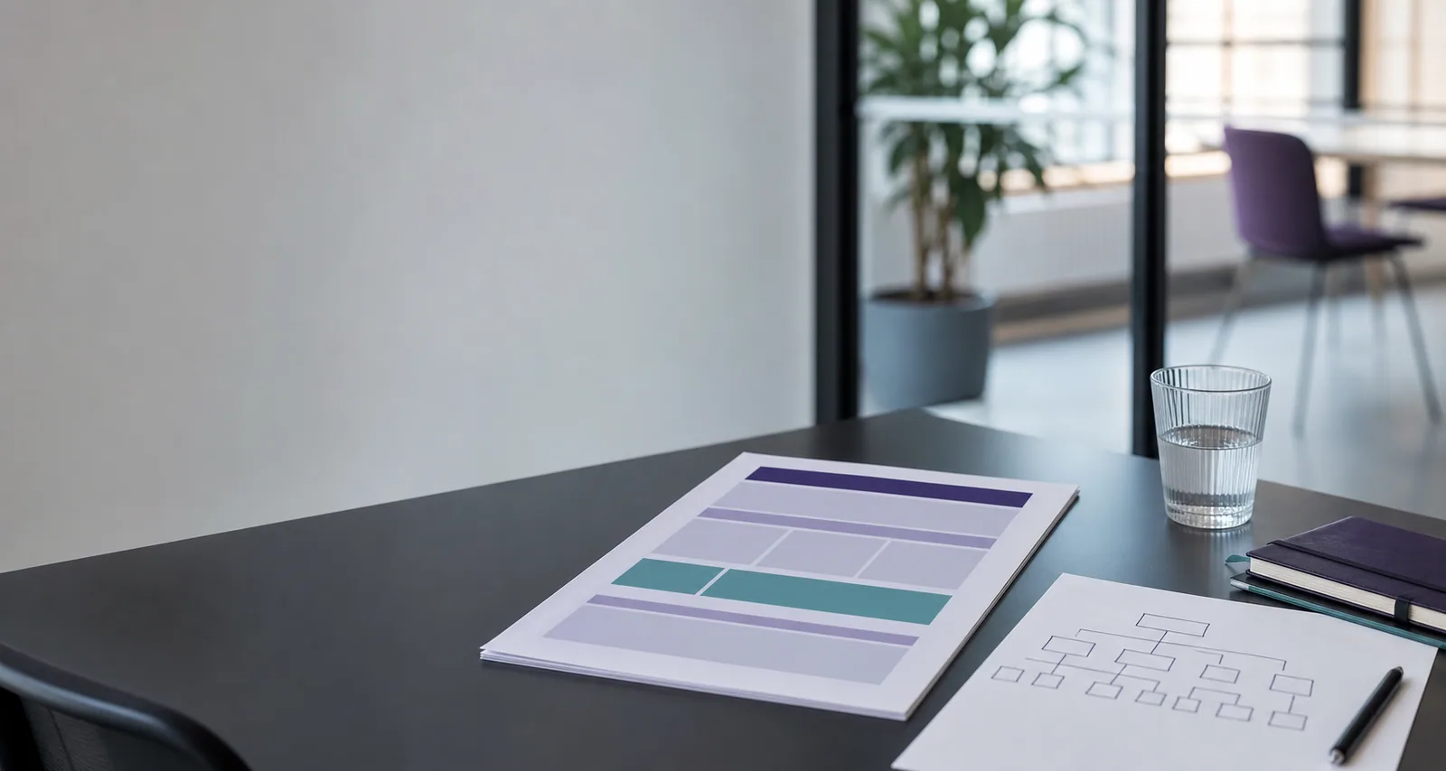 Skrivebord med wireframes, grafer og designskitser til hjemmesideudvikling i moderne kontorlokale.