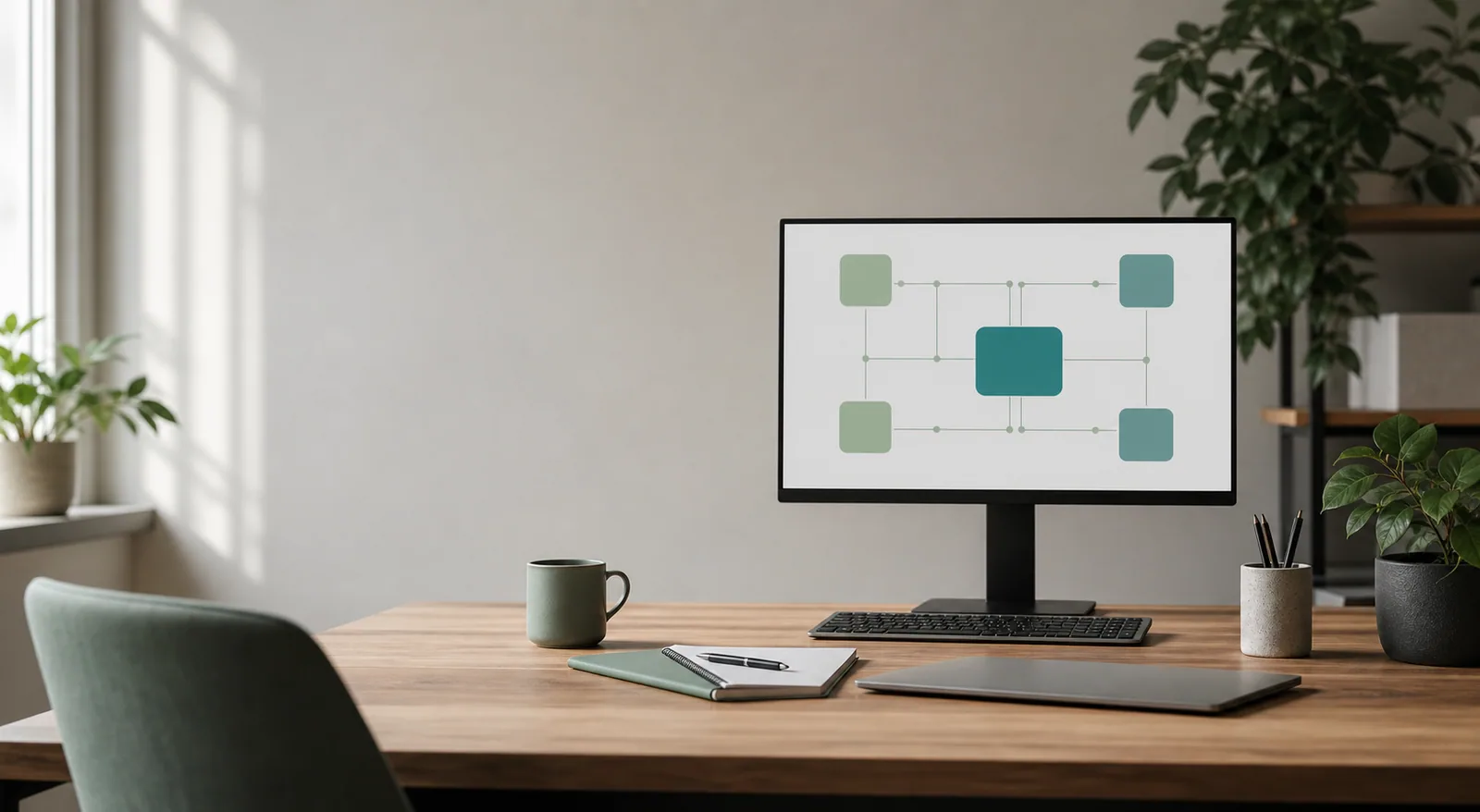 Kontor med computermonitor der viser et AI-integrations systemdiagram med forbundne noder.