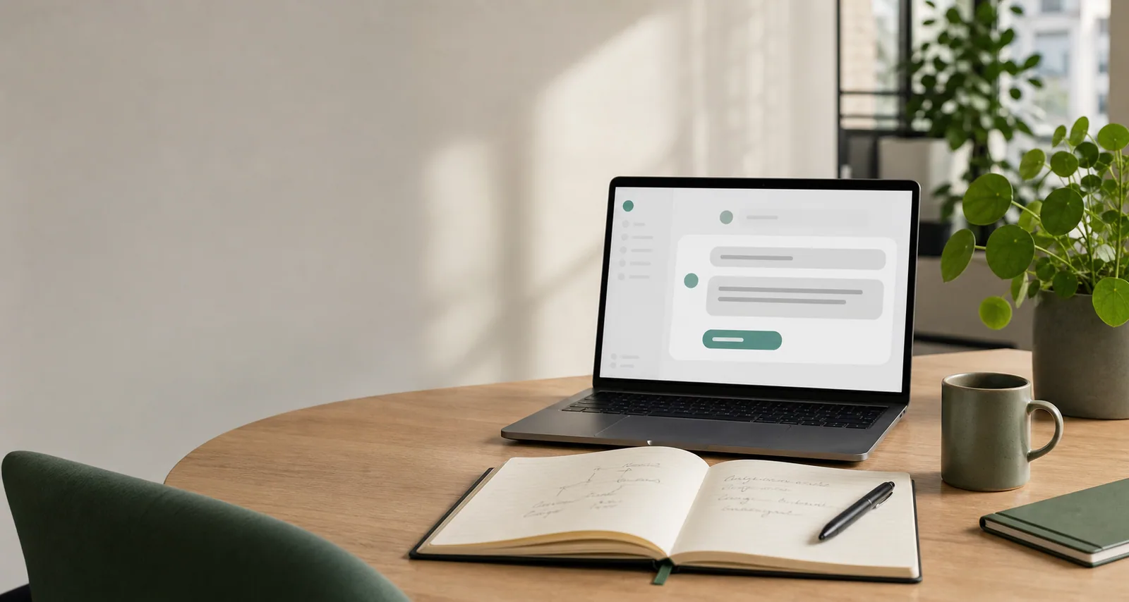En laptop viser webdesign wireframe på et træbord med notesbog, pen og kaffekop ved siden af.