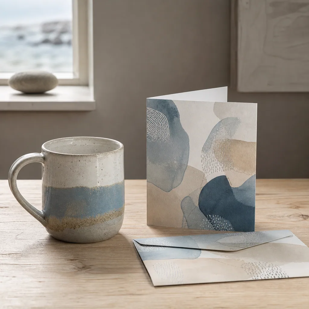 Keramik og papirvarer fra LJ Design Studio arrangeret på en lys overflade