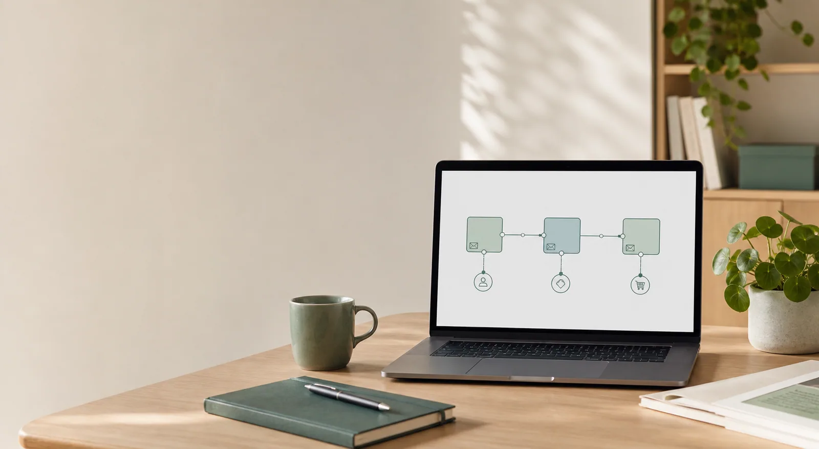 Laptop viser diagram af automatiseret e-mail workflow med tre trin og brugerkommunikation