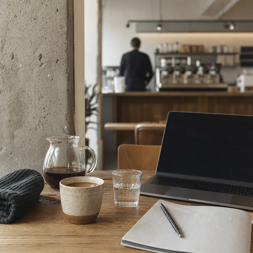 Arbejdsmiljø med computer og kaffekopper på bord