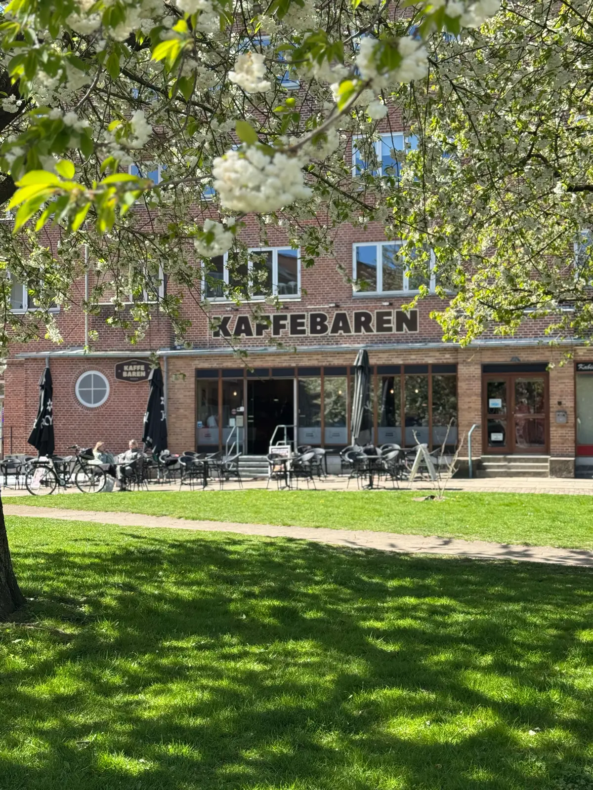 Kaffebaren facade med udendørscafé under blomstrende træer og mennesker ved borde på en solskinsdag