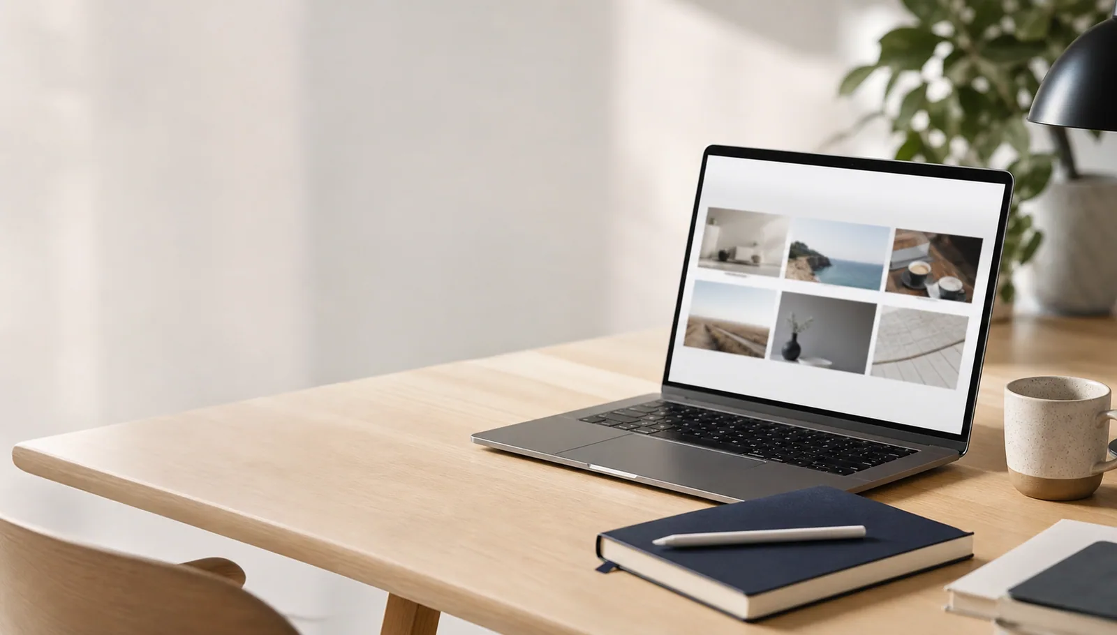 Laptop på træskrivebord viser en hjemmeside med billedgalleri