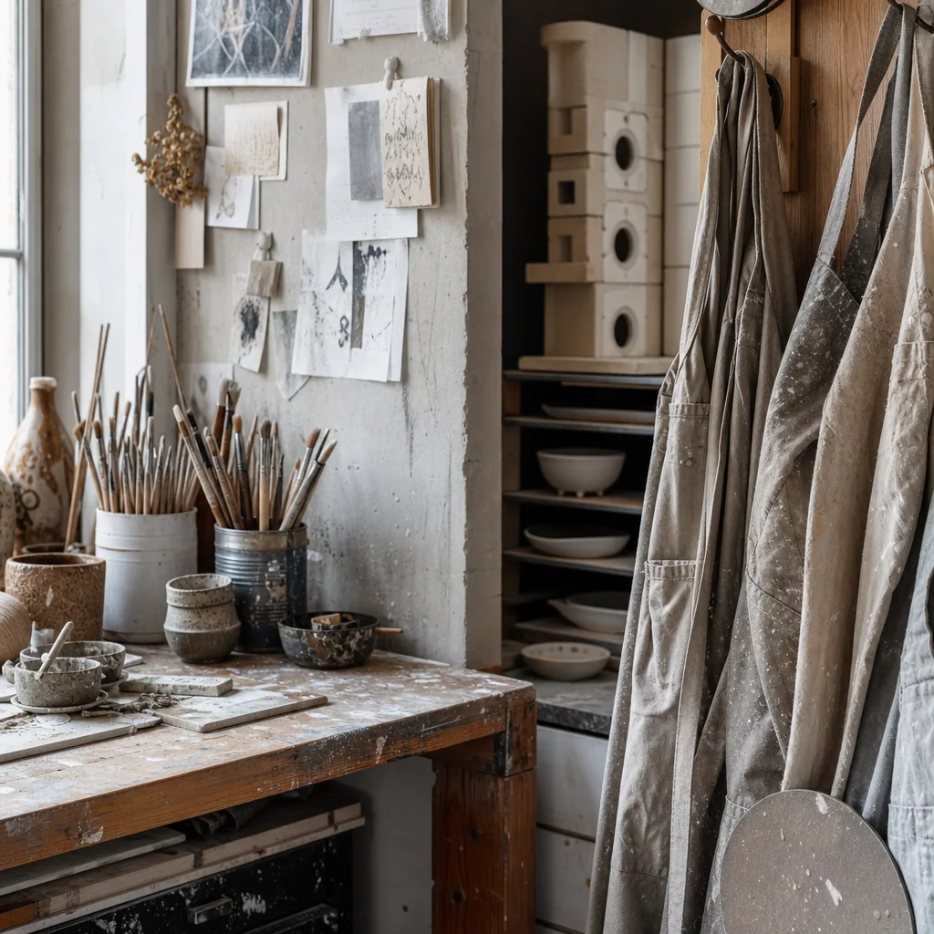 LJ Design Studios arbejdsrum med keramik på hylderne og fjordudsigt