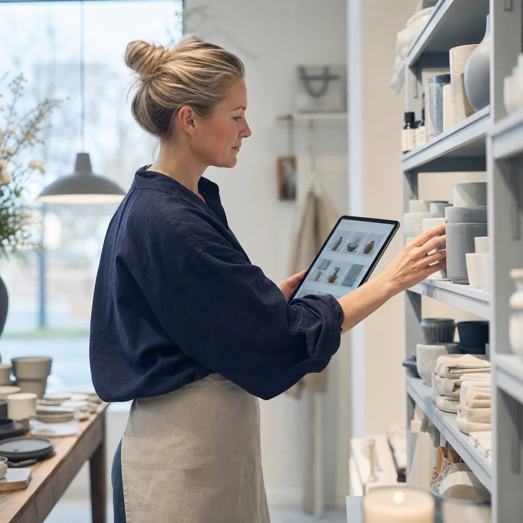 En kvinde inspicerer håndlavet keramik og lertøj på hylder mens hun holder en tablet med produktbilleder.