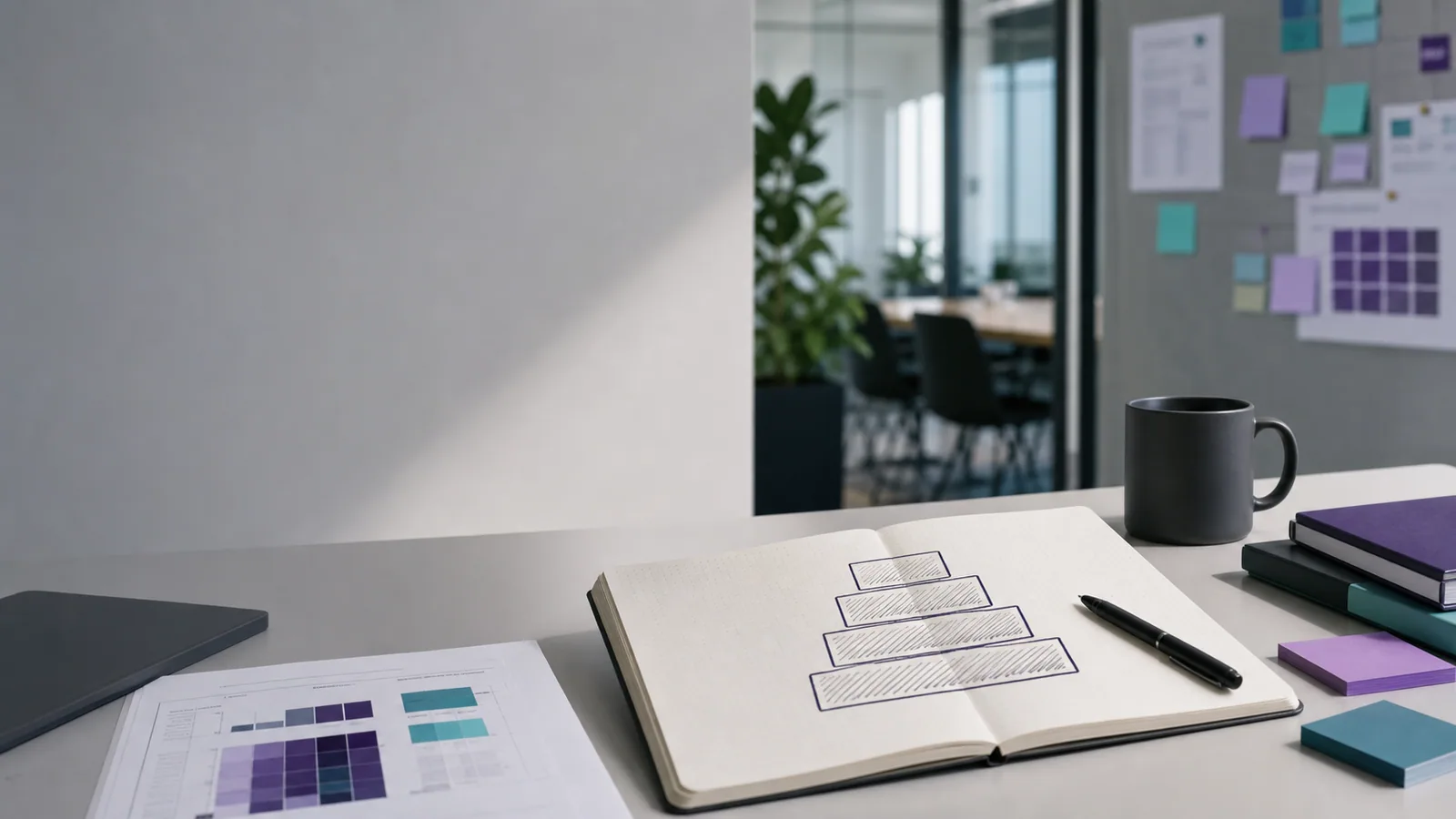 Et moderne designkontor med wireframes og farvepalet på skrivebordet.