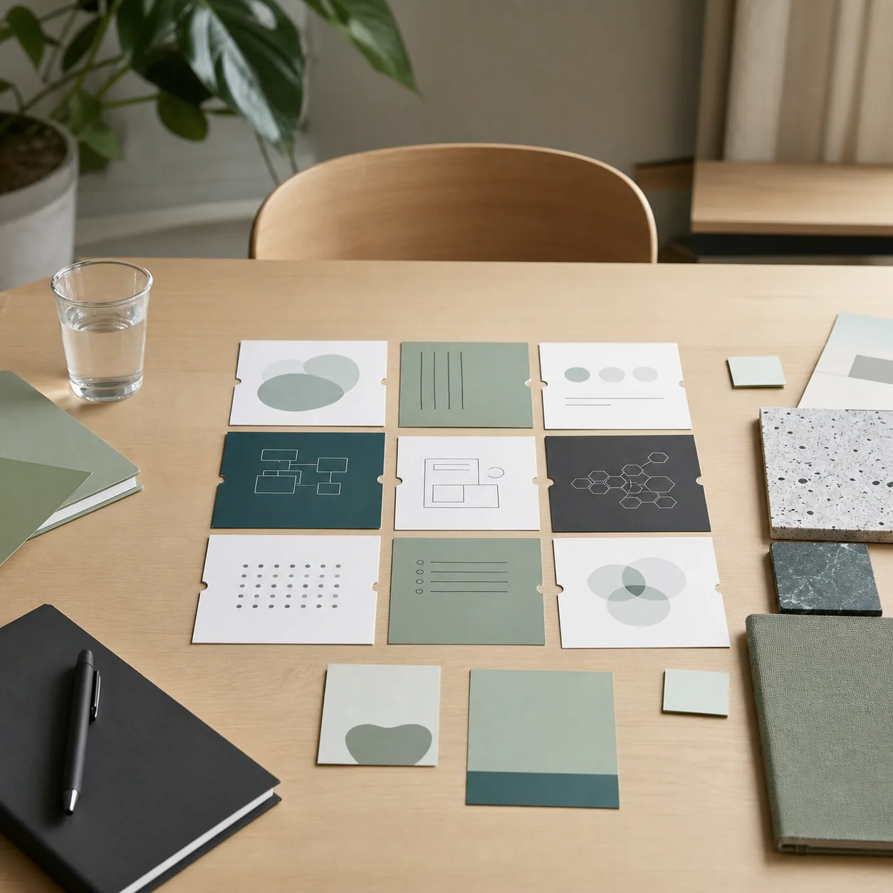 Professionel workspace med wireframes, grafer og design prototyper til digitale løsninger