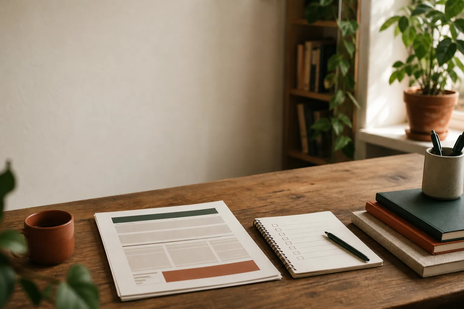 Et træbord viser en website wireframe på papir sammen med notesblok, kaffe og kontorudstyr.