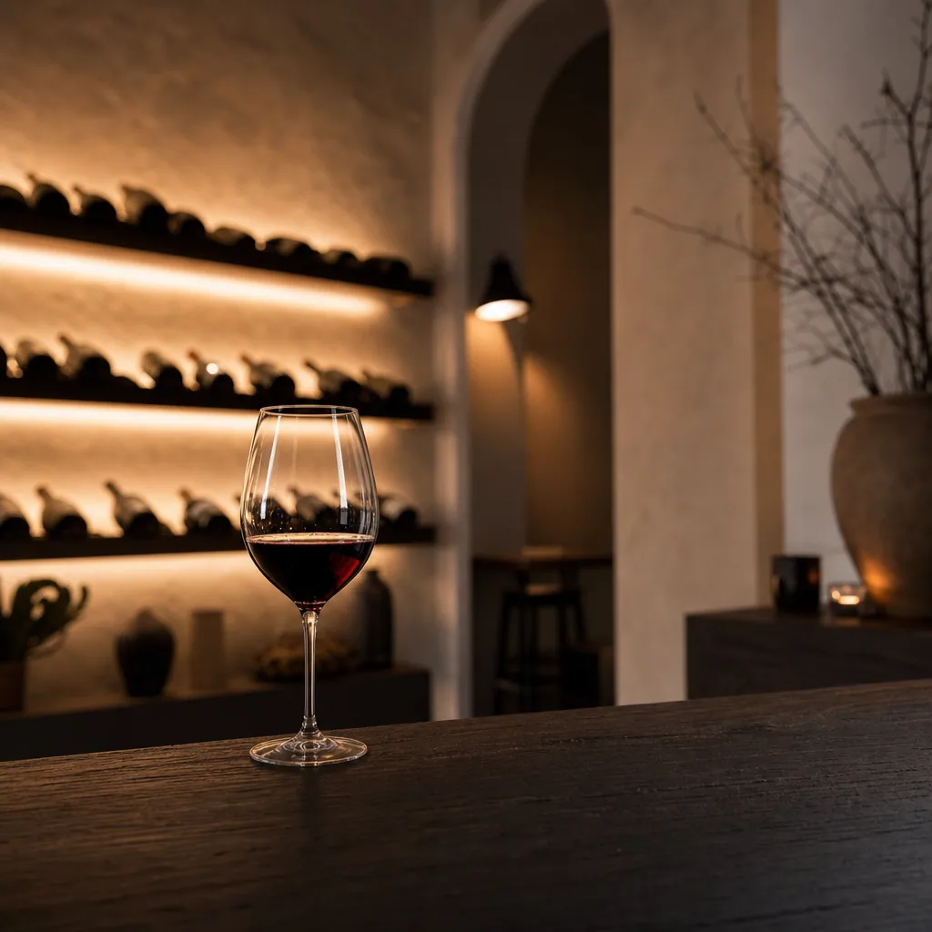 Et glas rødvin står på et mørkt bord foran belyst vinreol i elegant restauratmiljø.
