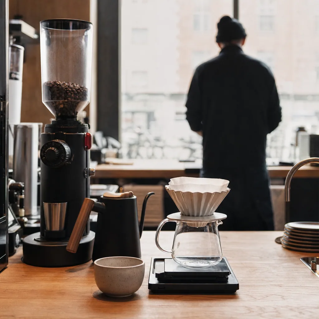 Specialty-espresso på bar med kværn og detaljer