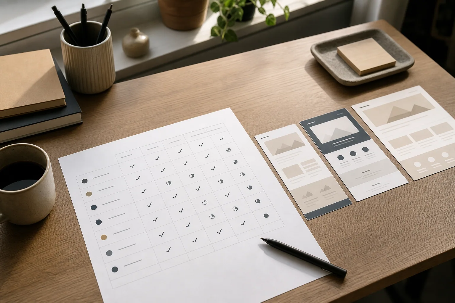 Illustration af valg mellem website builders og tjeklister på skærm