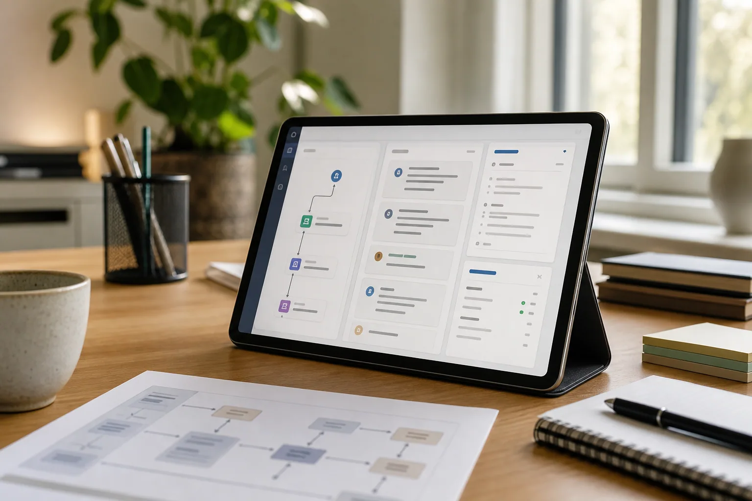 Illustration af AI-kundeserviceagent koblet til ticketing og CRM