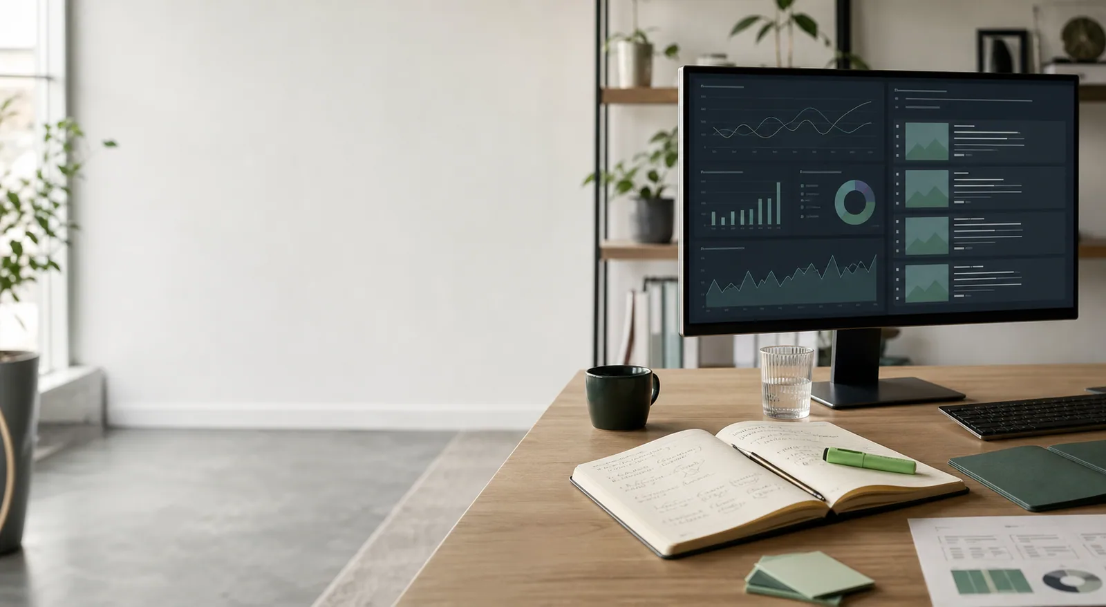 Et kontor med stor skærm der viser datagrafer, trends og analyser sammen med notesblok og kaffe.