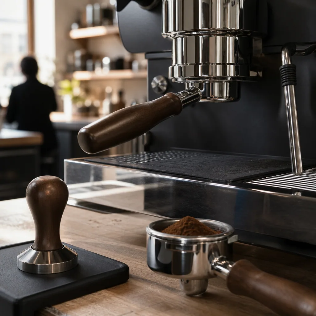 Detalje af espressomaskine tamper og gruppehoved