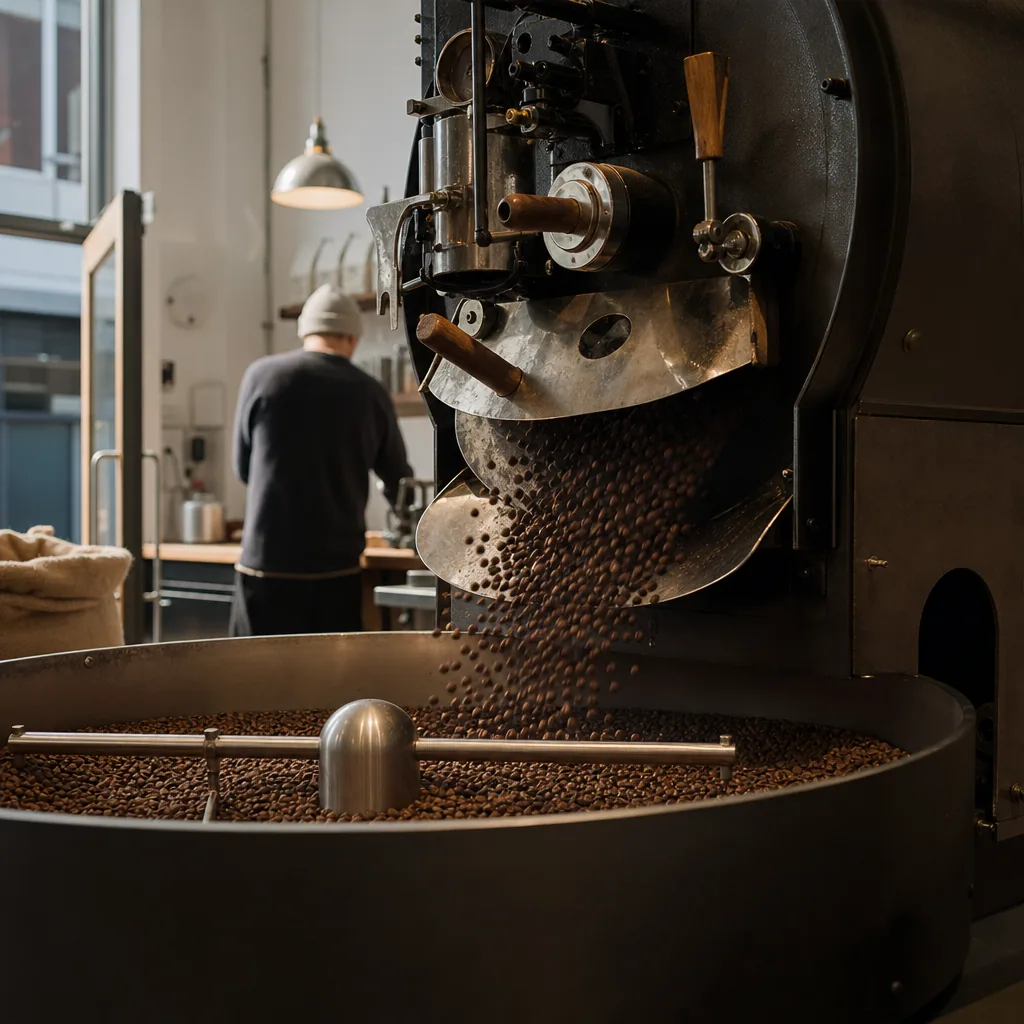 Roastery-maskinen i aktion med risteri i gang