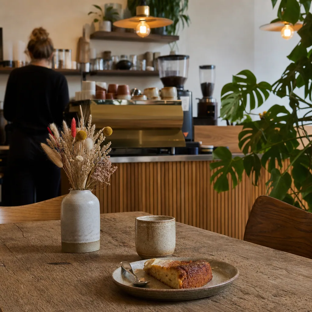 Interiør af Kaffesmeden med træ, lyst og hængende lamper
