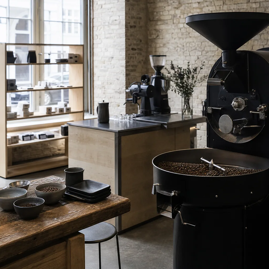 Gæster der sidder og nyder kaffe ved træborde