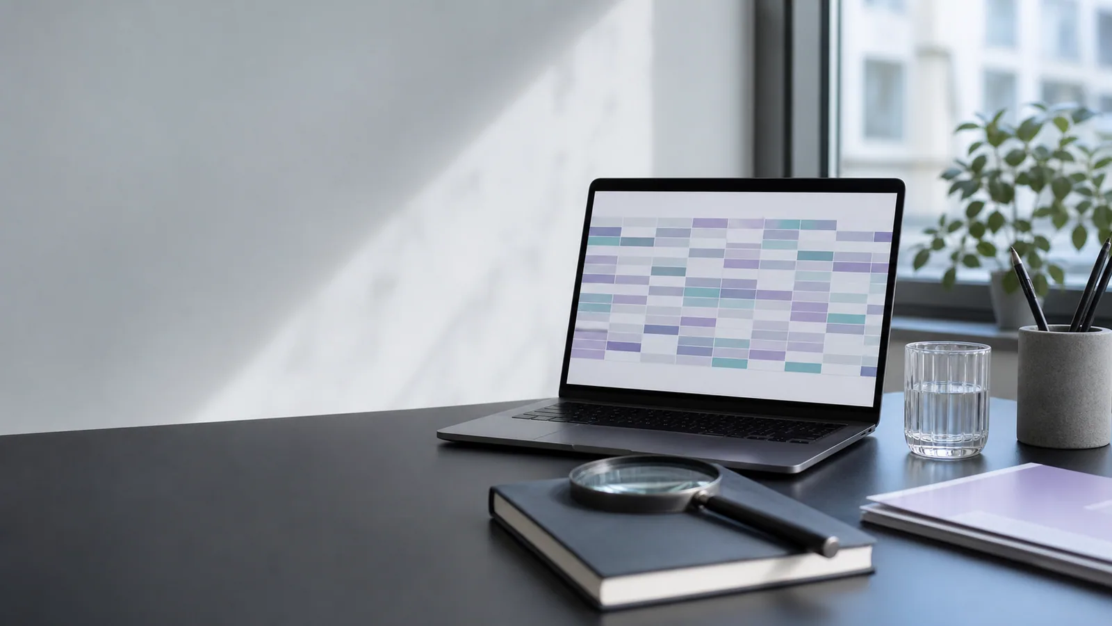 Laptop på lyst skrivebord viser en kalender-app med farvede blokke og arbejdsplads med tilbehør.